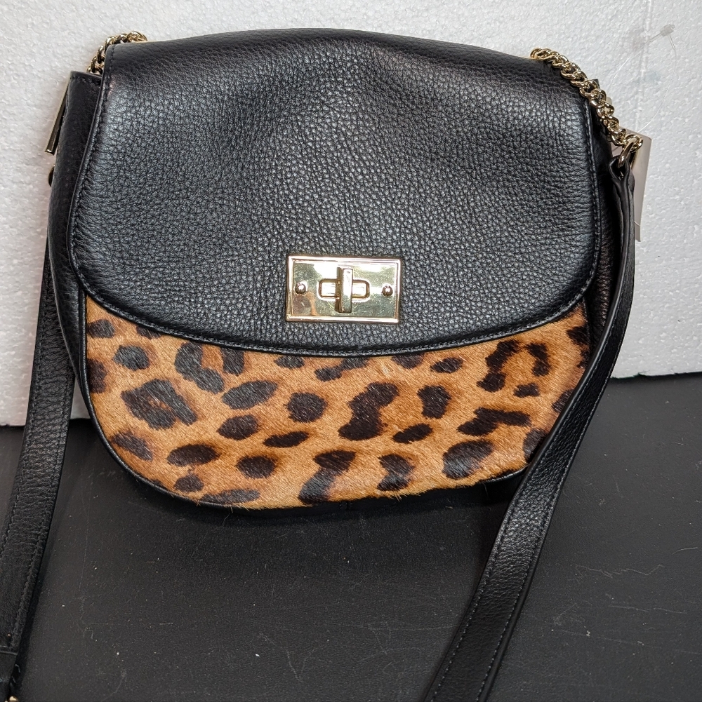 NWT Talbots Leopard Print Black Leather Crossbody Bag